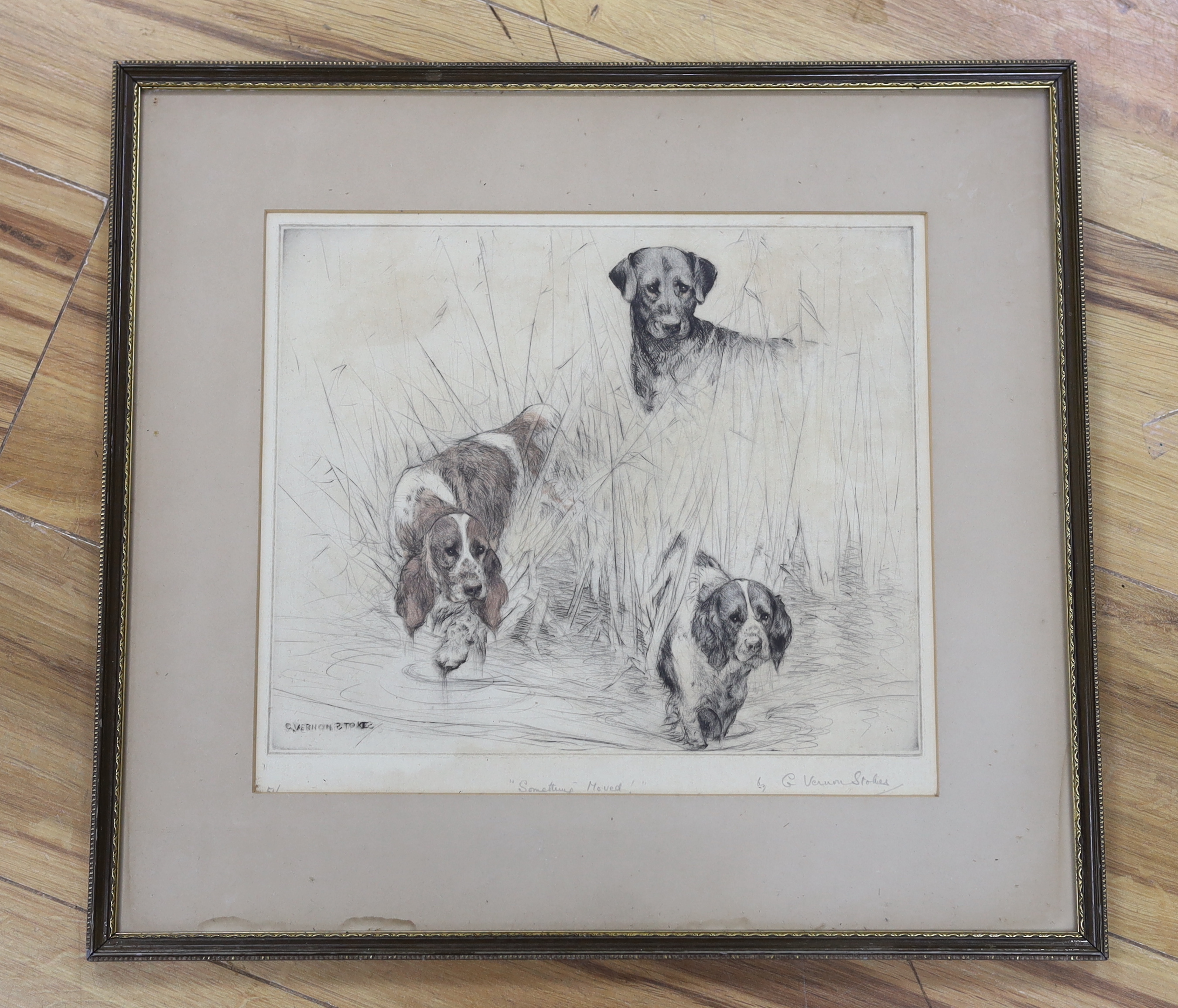 George Vernon Stokes (1873-1954) coloured etching, 'Something moved!', signed in pencil, 25 x 30cm